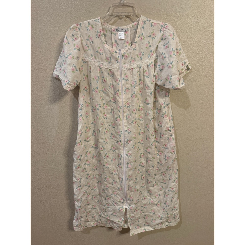 VINTAGE Elegant Emily House Dress Small White Floral Excellent Zipper Seersucker